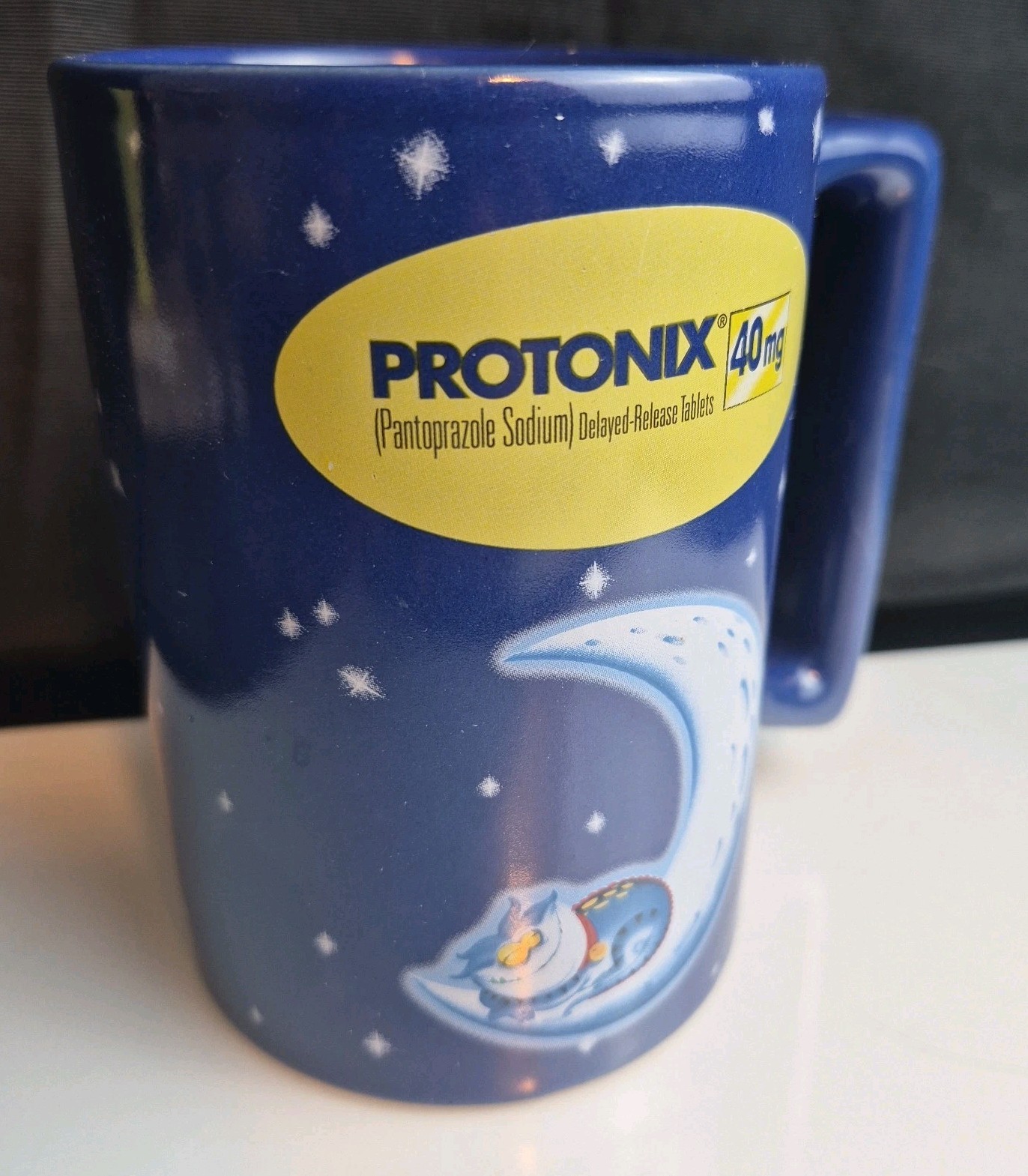 Protonix Drug Rep Coffee Mug Promo Sleeping Cat Moon Blue Ceramic Cup Collectibl