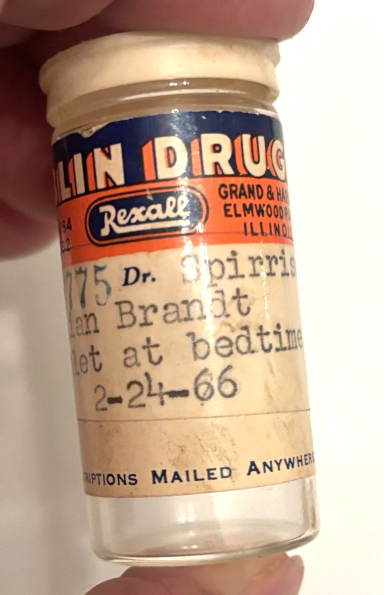 Vtg 1966 Glass Ablin Drug Store Prescription Pill Bottle Illinois -Ms Brandt
