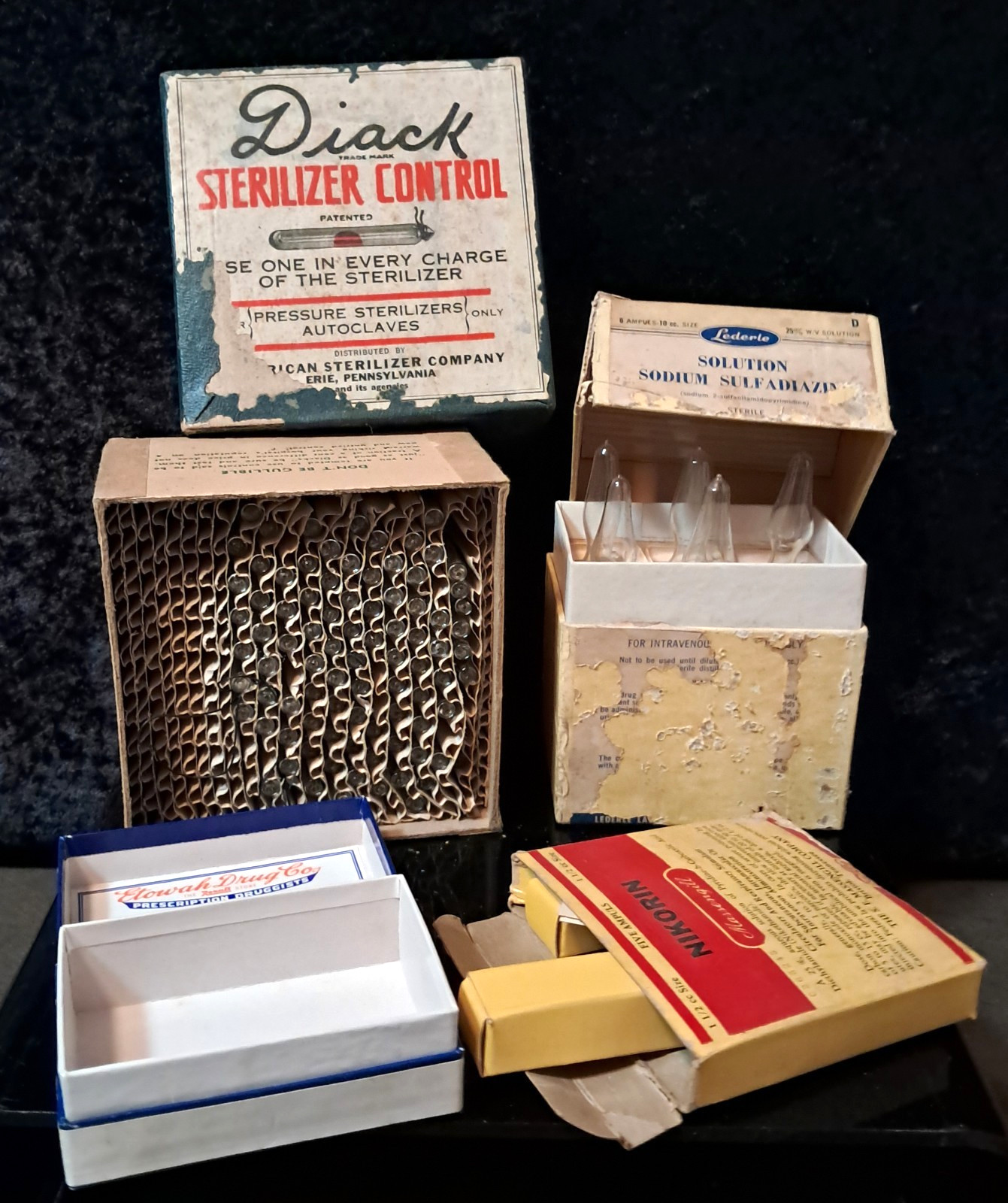 Lot of 4 Vintage Pharmaceutcal Boxes and Contents Not for Medical Use.
