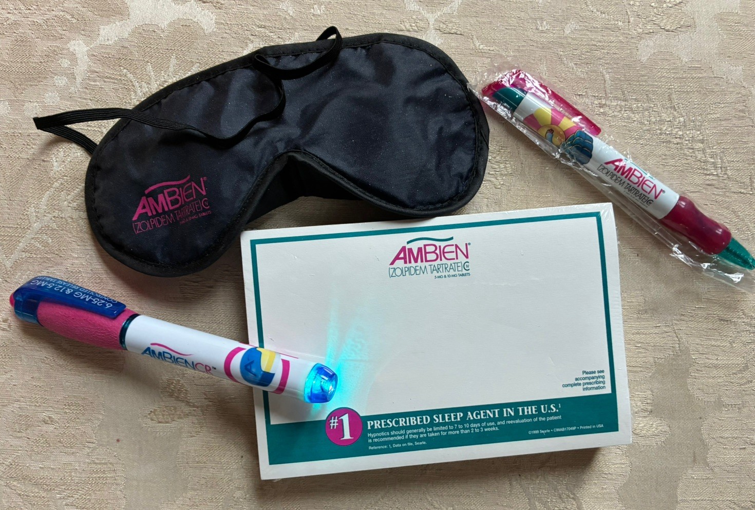 Pharmaceutical Rep Collectible Ad Lot Ambien pen light, pads, pen, mask, book