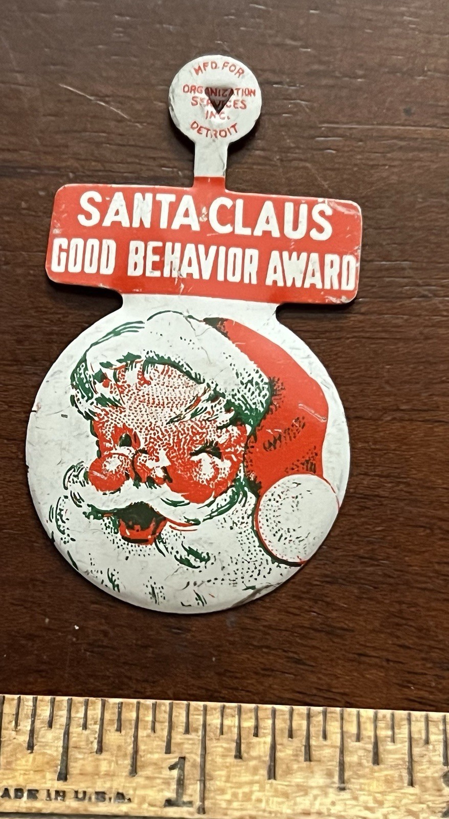 Santa Claus Good Behavior Award, fold tab Button, smiling Santa 2.25 in