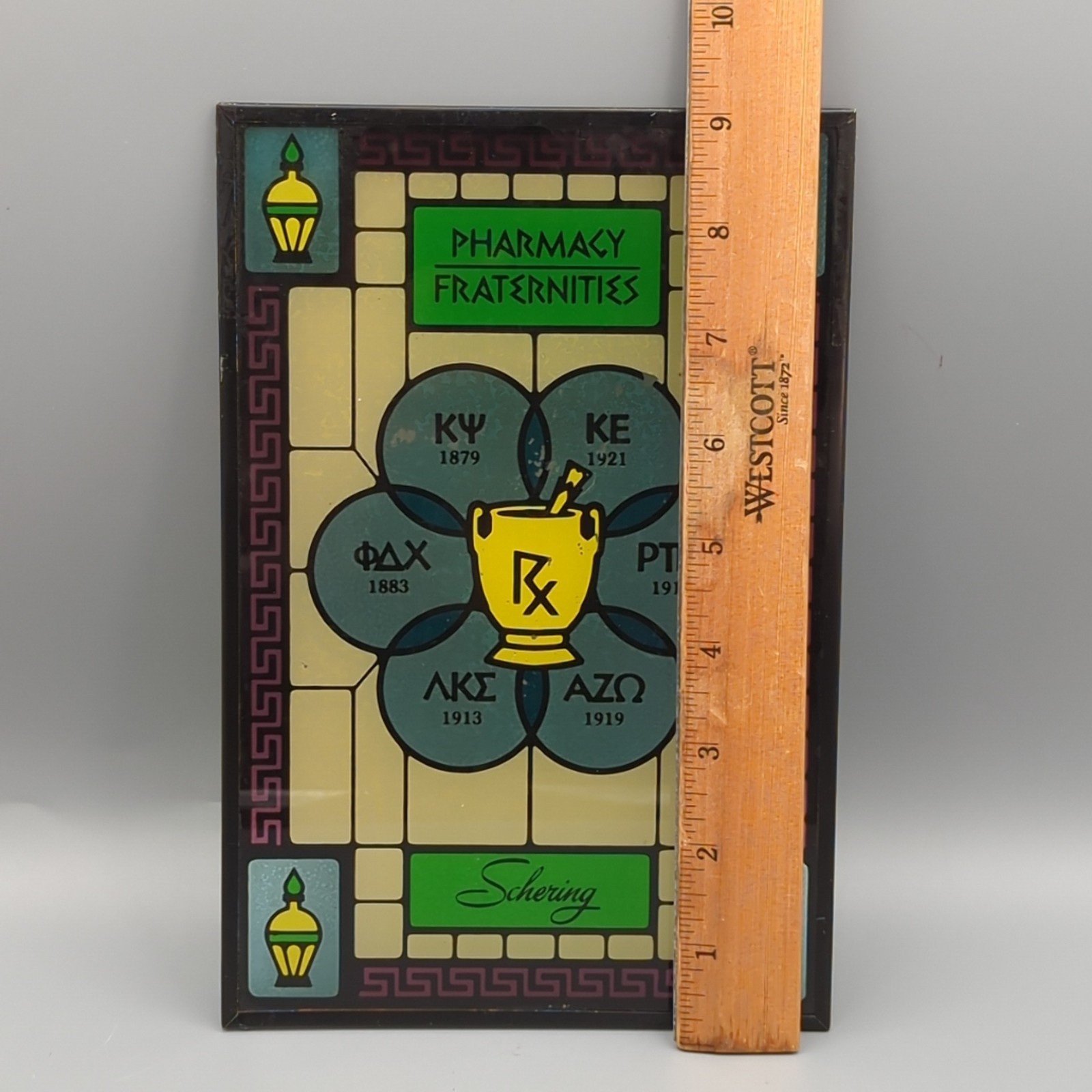 Schering Pharmacy Fraternities Vintage Stained Glass Panel Advertising 9x6x1/4”