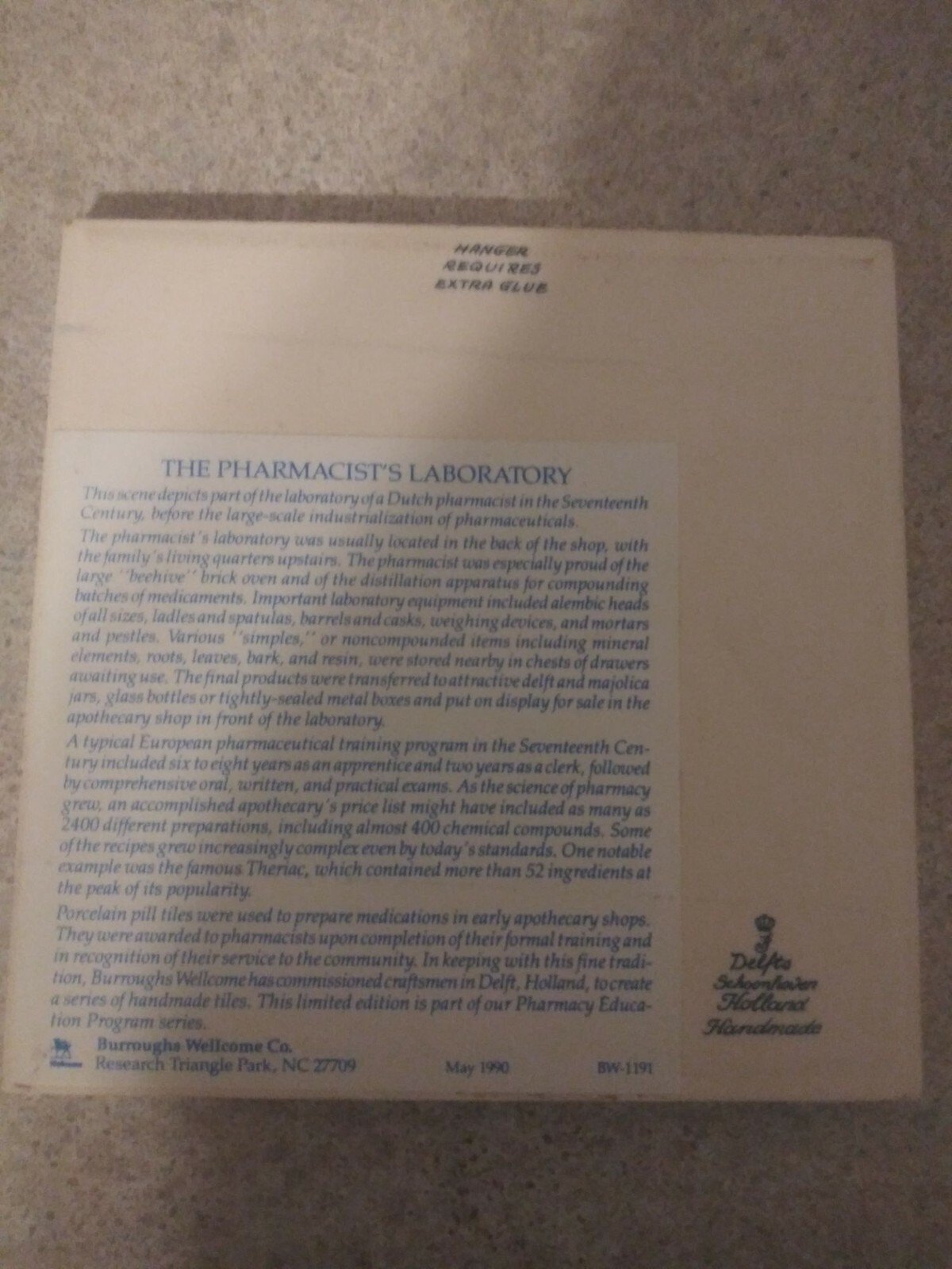 BURROUGHS WELLCOME Pharmacy English Pill Tile Pharmacist’s Laboratory DELFT