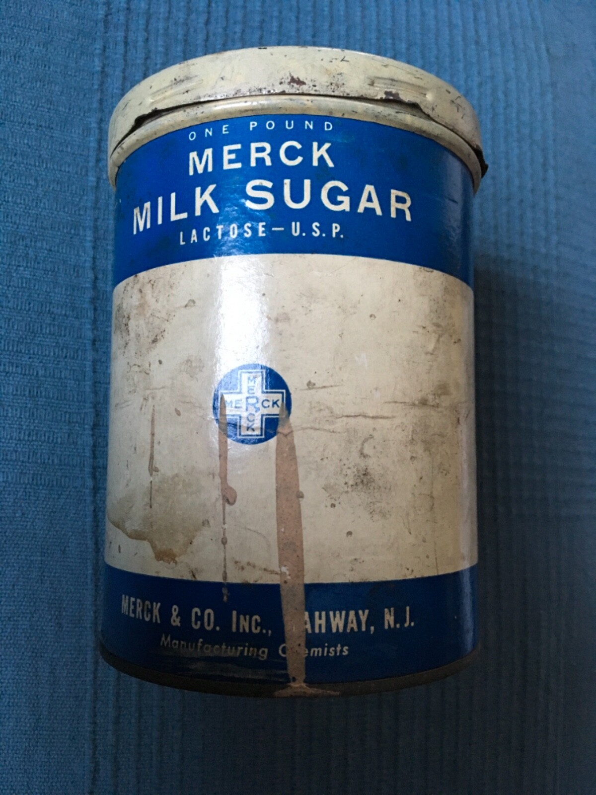 Vtg MERCK Sugar Milk metal tin Lactose paper label RAHWAY NJ rx
