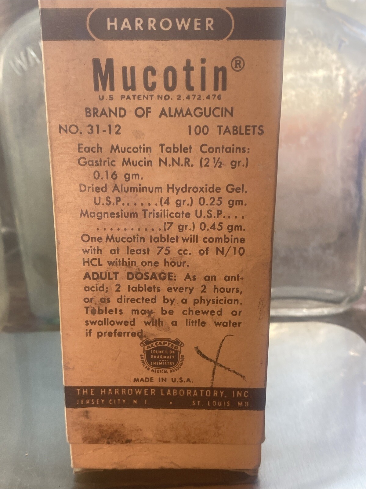 Vintage Box Of Mucotin Tablets. Made By Harrower Laboratory Inc. N.J. & M.O. USA
