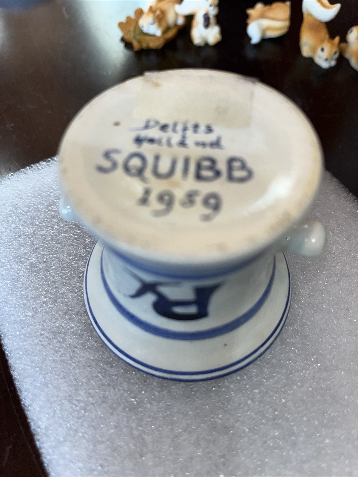 Rare Blue Delft Ceramic Toothpick Holder RX Logo Floral Signed Squibb 1959