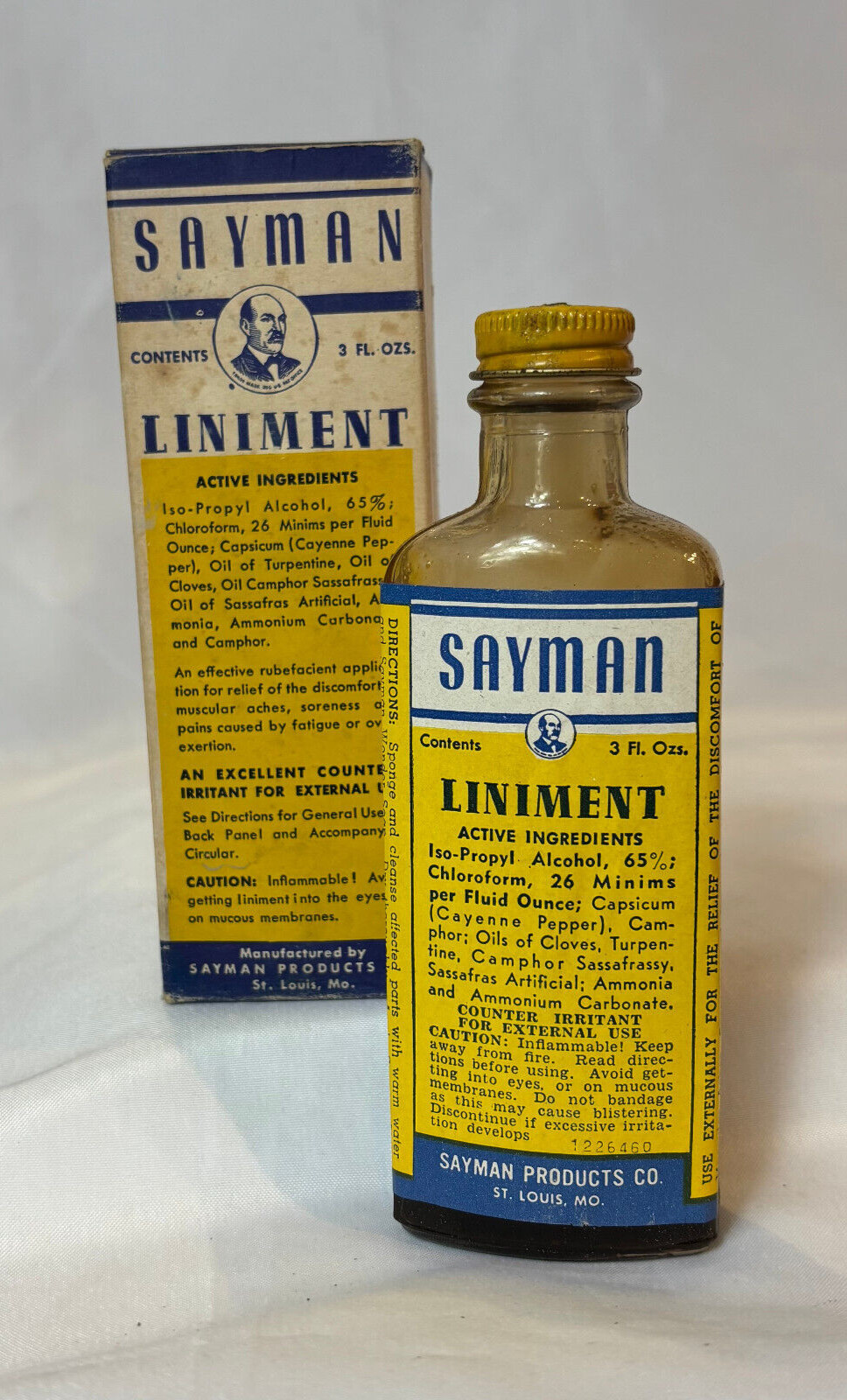 Vtg Sayman Liniment Bottle 3 oz In Original Box Clear Glass