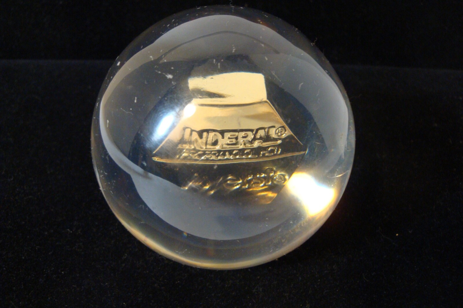 Inderal Ayerst prescription paperweight acrylic used 3 inch diameter