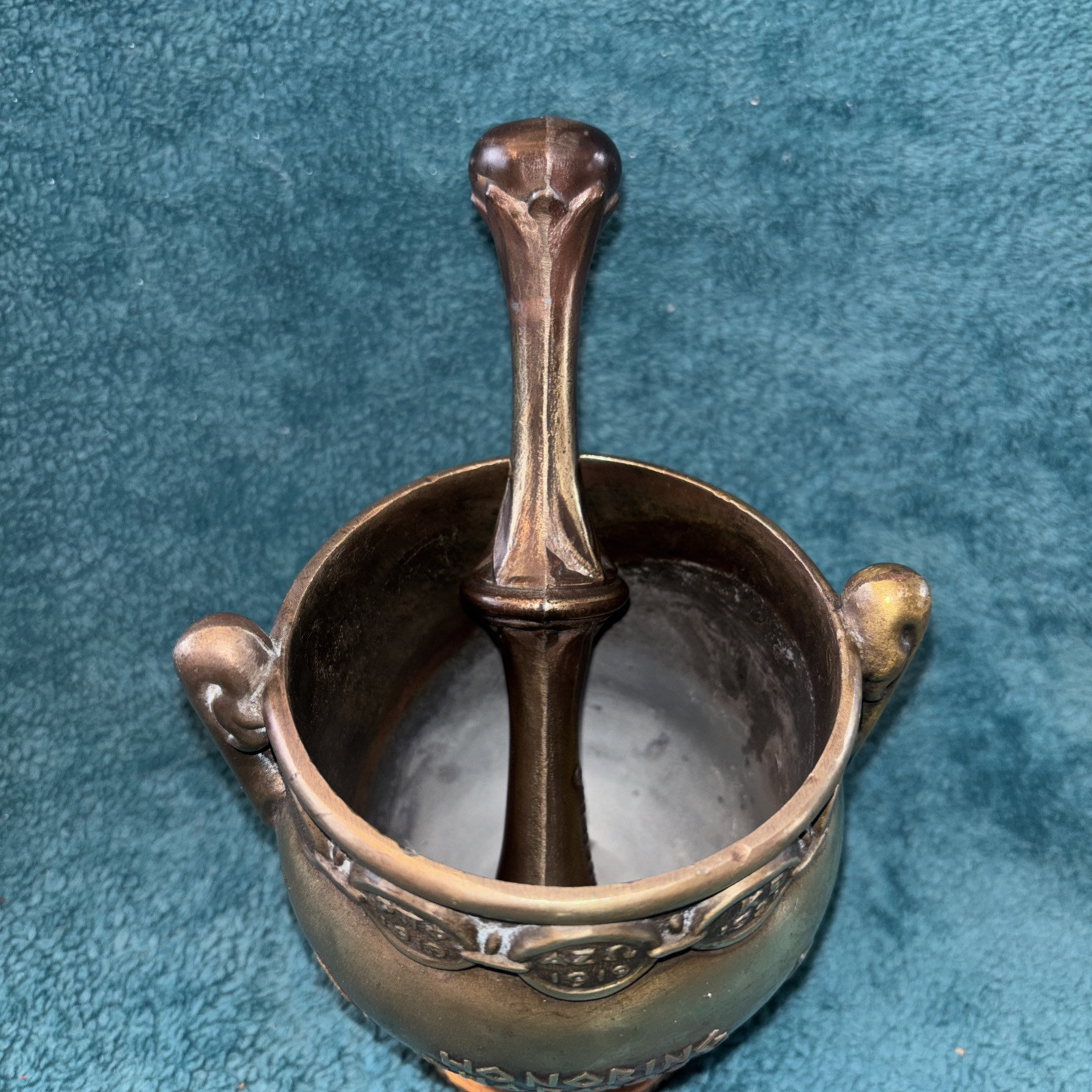Vtg Heavy Brass Schering 5” Mortar & Pestle Coricidin Pharmacy Fraternities #OO