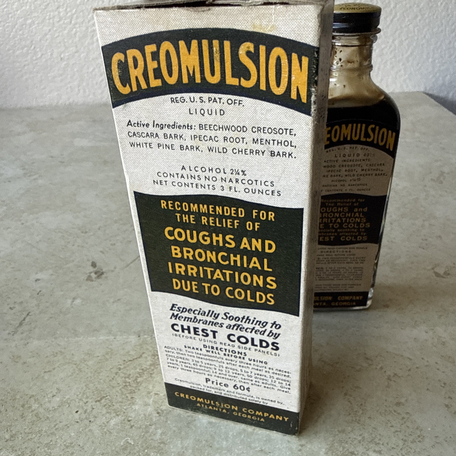 Vintage Creomulsion Coughs Bronchial Atlanta Ga 7 3/4 ” Medicine bottle Box