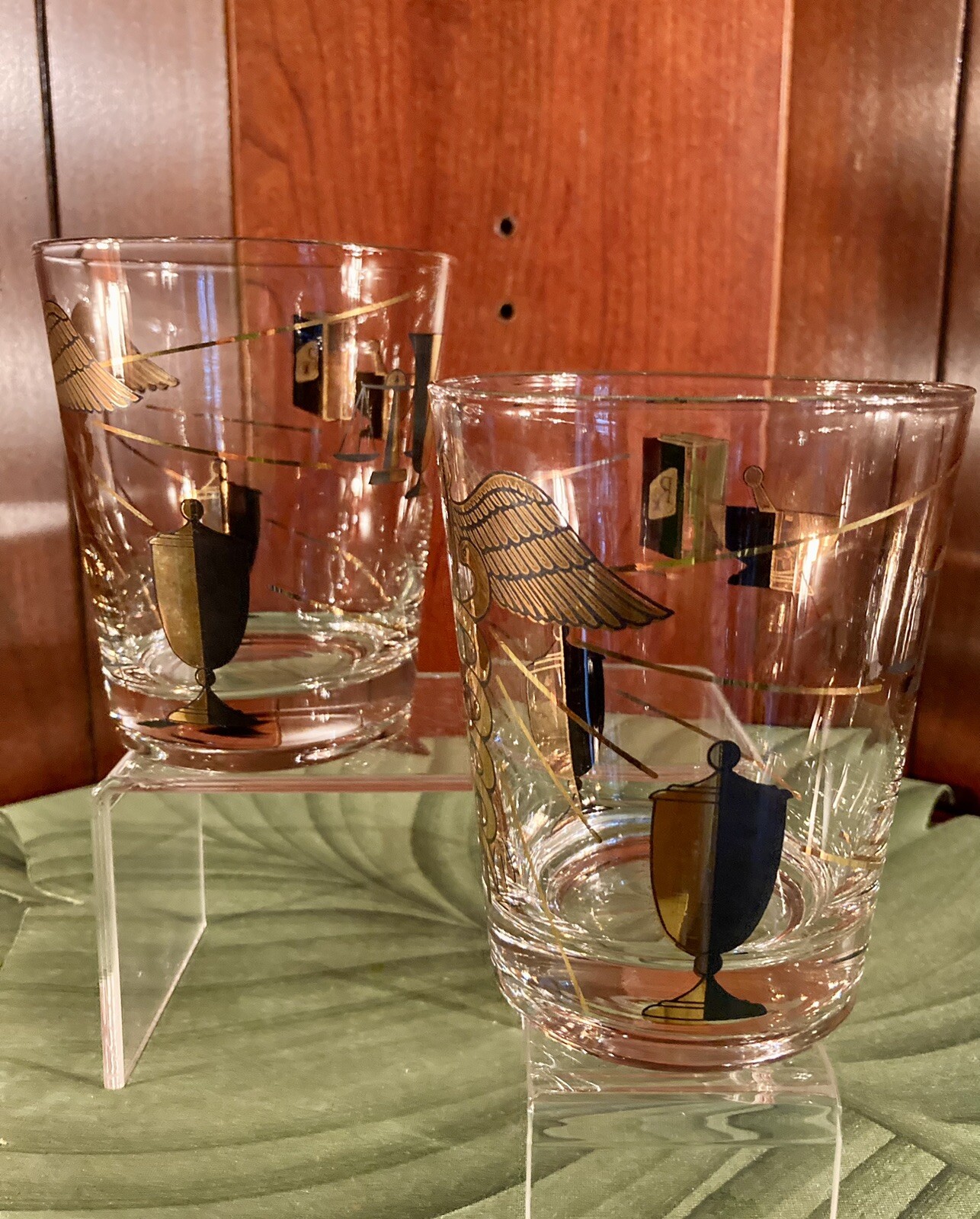 2~ RX Pharmacy Apothecary Double Old Fashion Glasses Gold & Black Set of 2*VGC