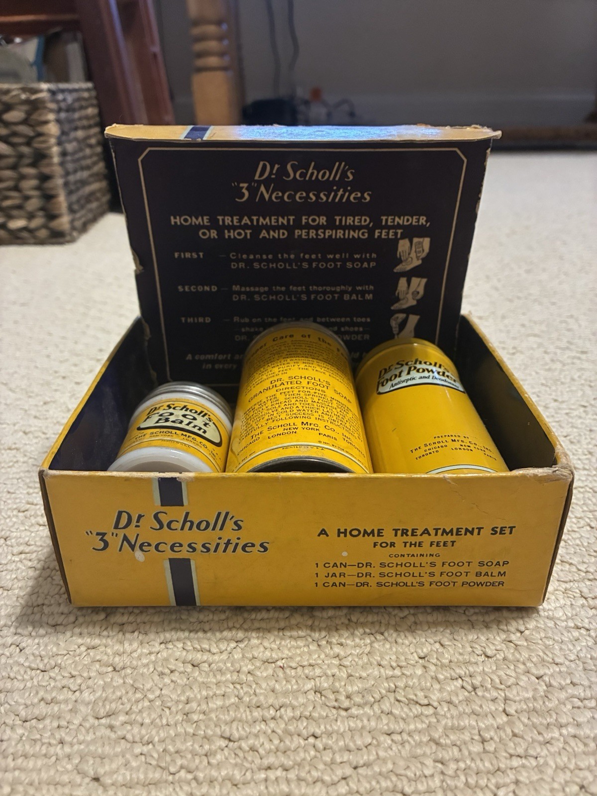 Vintage 1950s Dr. Scholl’s 3 Necessities Foot Treatment Set Box Tins Paperwork