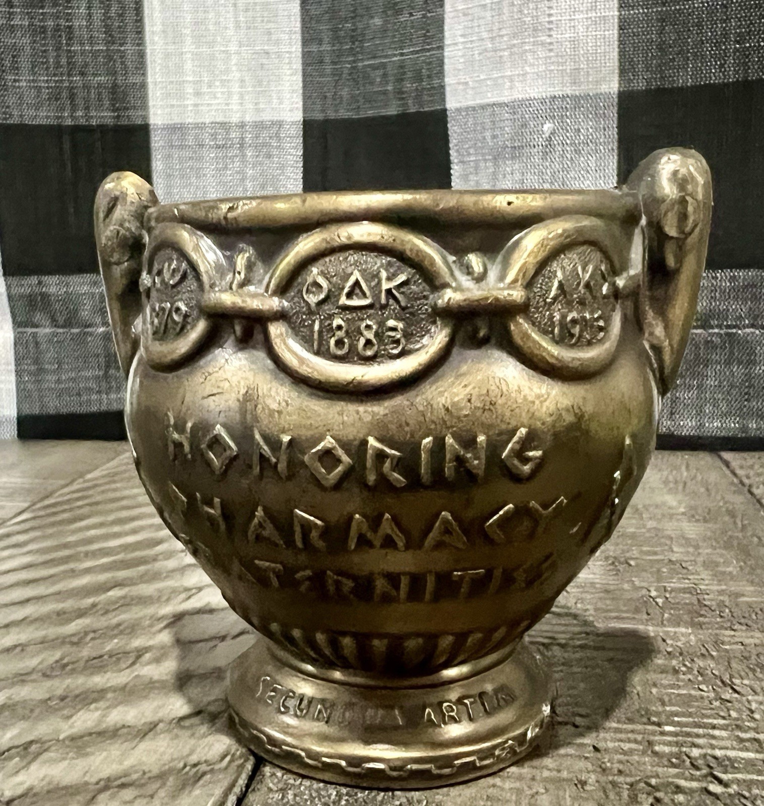 Vintage Mortar SECUNDUM ARTEM” RX Pharmacist Brass Coricidin Pharmacy