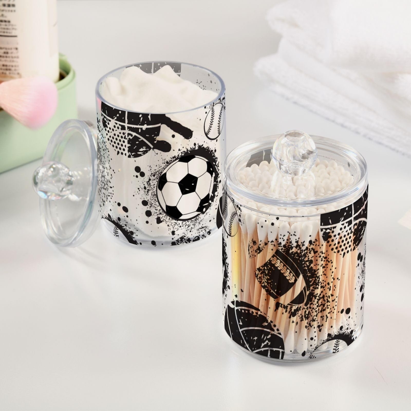 Football Soccer Themed Qtip Holder 2 Pack – 10 Oz Clear Plastic Apothecary Ja…