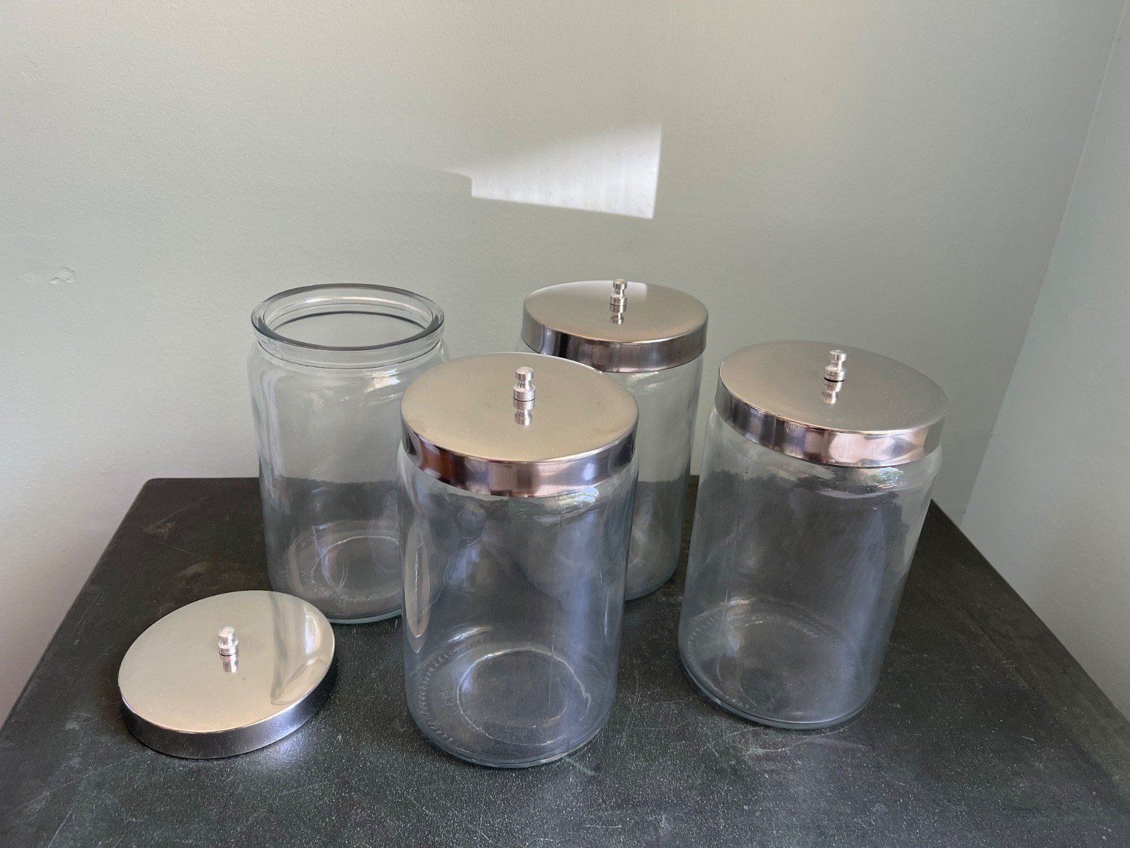 Set of 4 Medical Sundry Glass Jar, 4-inch outside diameter, used. LOT