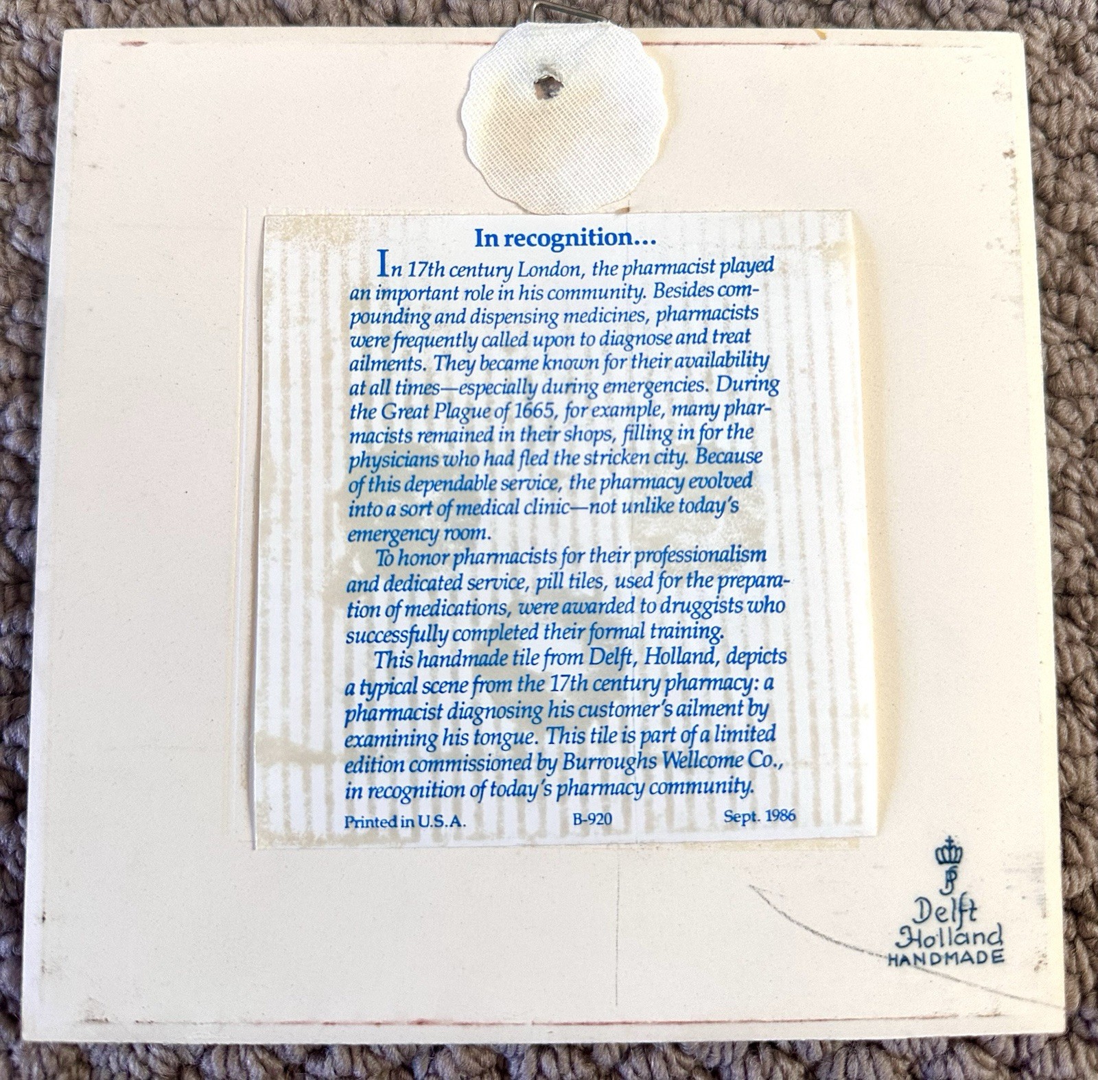 Vintage 1986 Delft Holland Blue Hand Painted Porcelain Tile Early Pharmacist 6×6