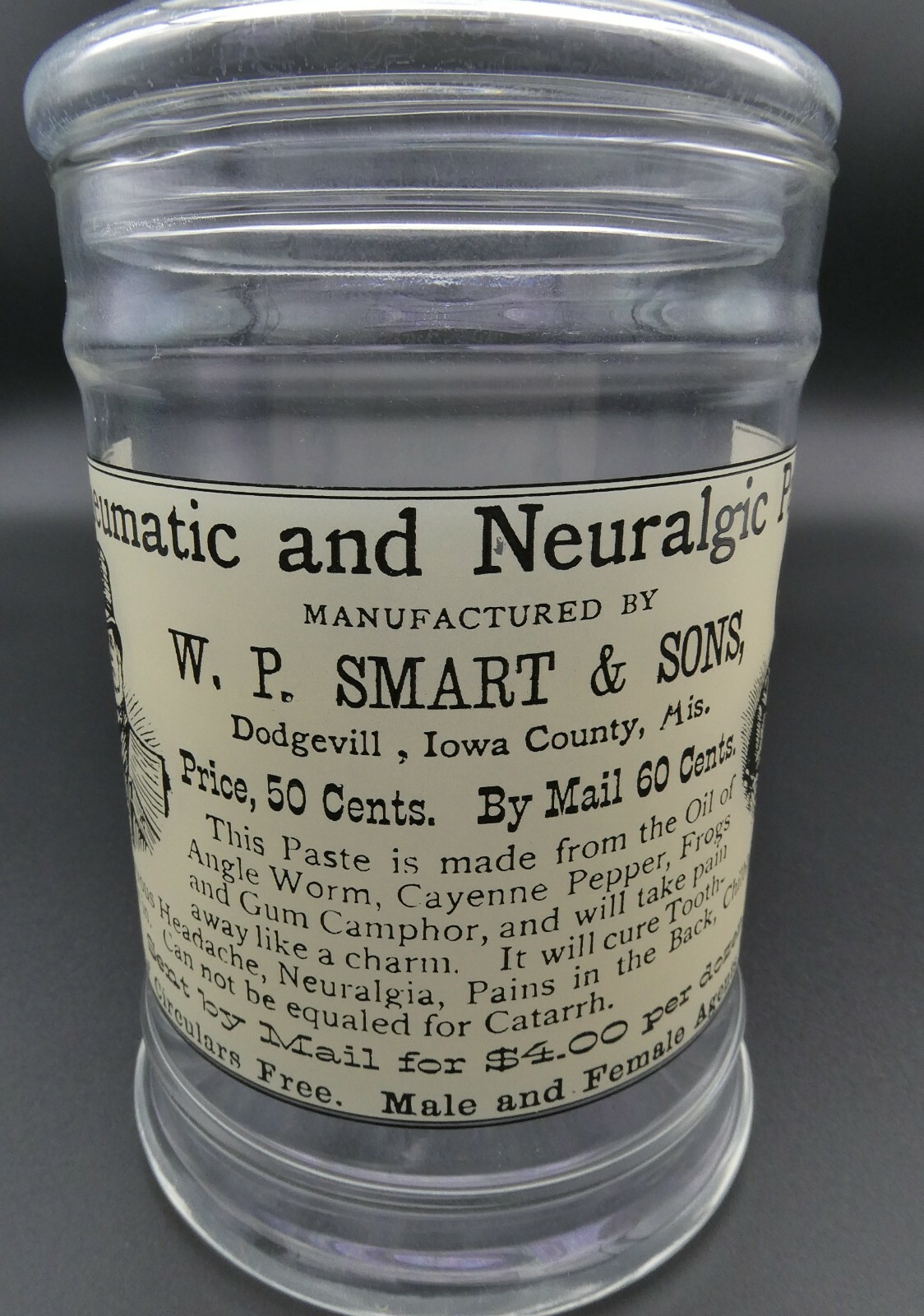 Vintage W.P. SMART & SONS Paste Medicine Glass Apothecary Jar Circus Tent Lid 8″