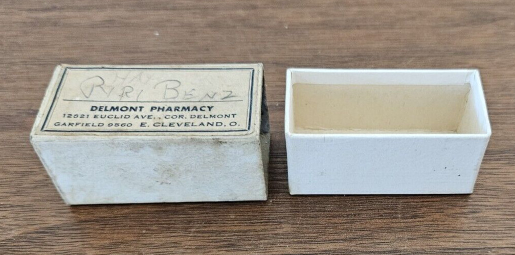 E. Cleveland, OH VTG Empty Pharmacy Rx Pyribenzamine Allergy pill box Delmont