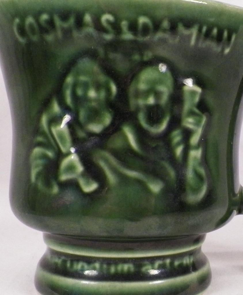McCoy Cosmas & Damien Mug Mortar & Pestle Green Pottery Advertising Schering
