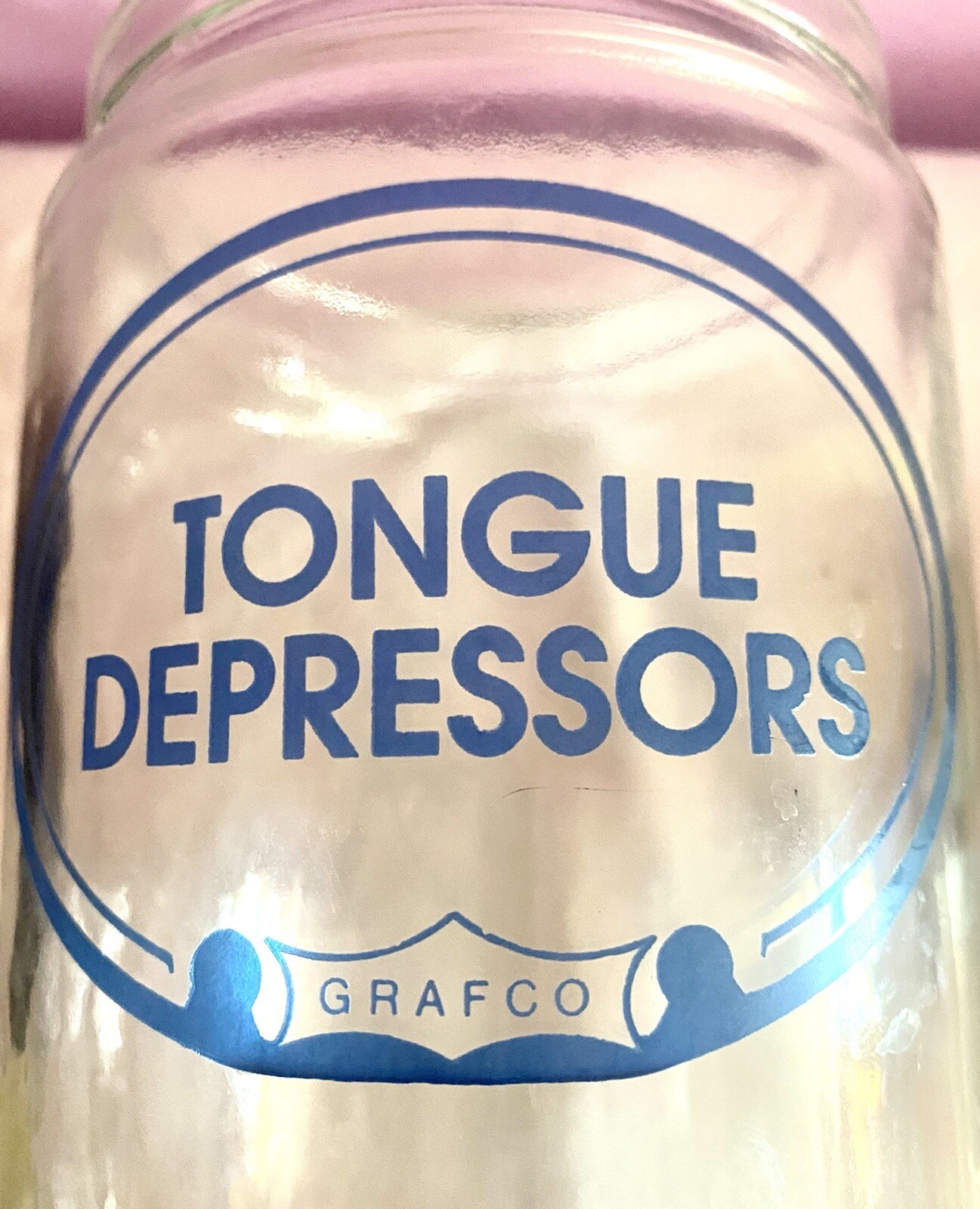 MCM GRAFCO BLUE Label MEDICAL Glass APOTHECARY TONGUE DEPRESSORS Canister EUC
