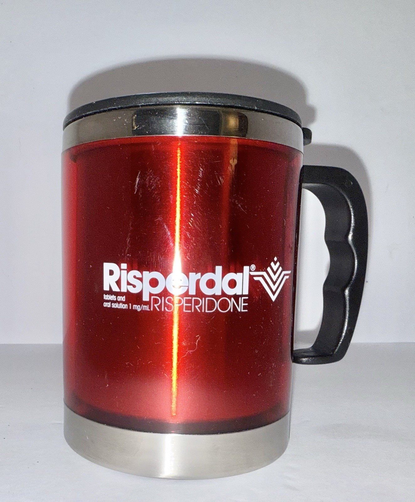 RARE Pharma Drug Rep Red Risperdal Coffee Mug & Lid To Go Cup Plastic & metal