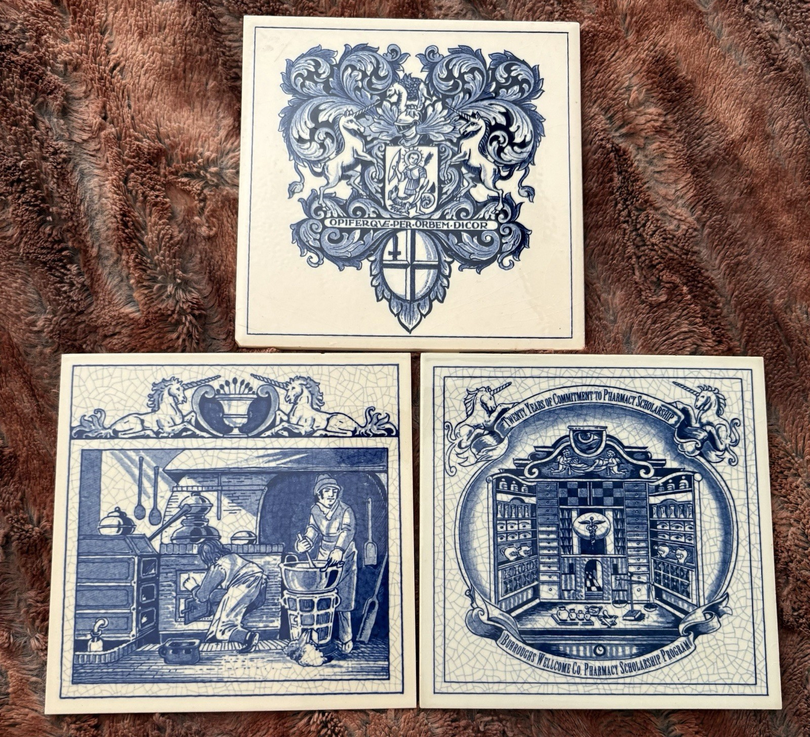 Lot of 3 Vtg Burroughs Wellcome Delft Holland Handmade 6×6″ Pharmacy Pill Tiles