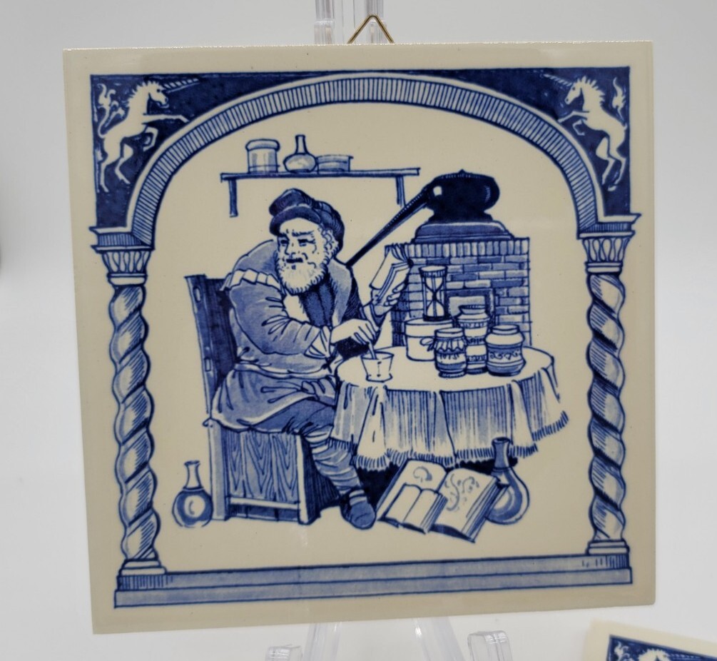 2 Delft Holland Pill Tile for Burroughs Welcome Co. 17th Century The Pharmacist