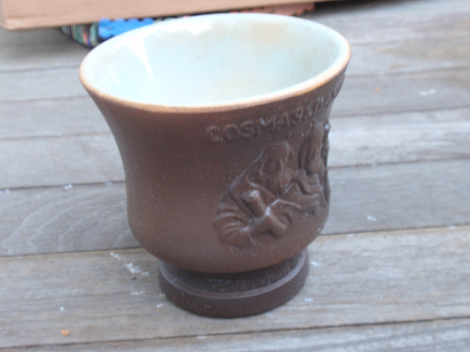 VINTAGE STONE/CERAMIC MORTAR COSMAS & DAMIAN PHARMACY 5 IN. TALL