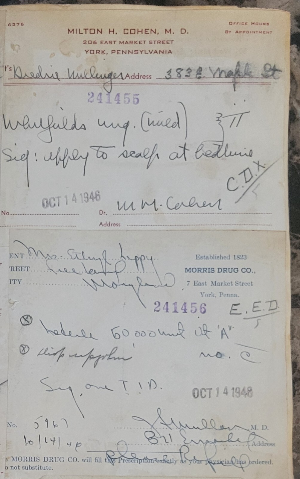 1946 2-sided Pharmacy Ledger Page – 16 vintage prescriptions – ERGOT