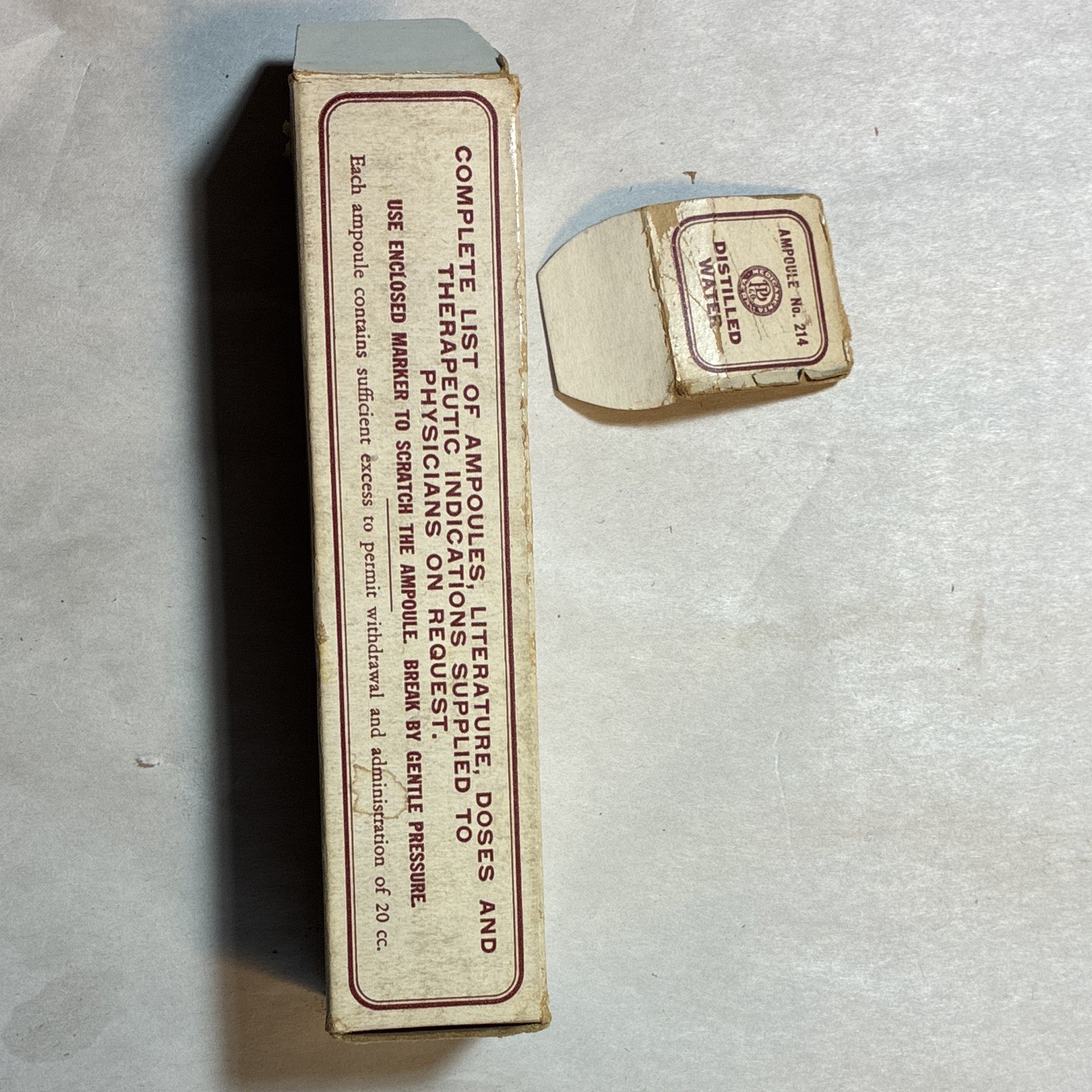 Parke Davis & Co. Distilled Water Glassptic Glass Ampoule 20cc in Box 1935