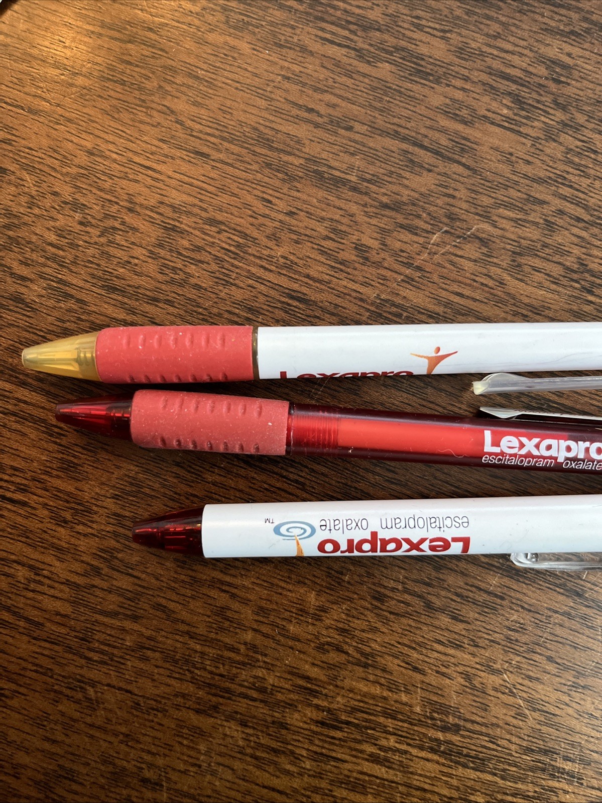 Lot of 3 Lexapro Medical Drug Rep Pharmaceutical Pens Red Grip White Gold Forest