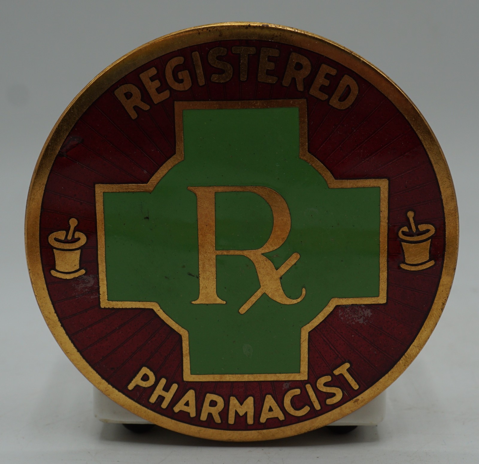 Antique Registered Pharmacist Rx Automobile Grille Badge Brass Enamel Radiator