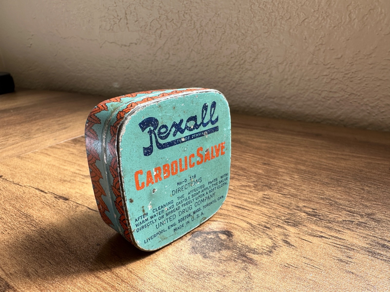 Vintage Pharmacy Decor Rexall Carbolic Salve In Square Tin Blue Made in USA