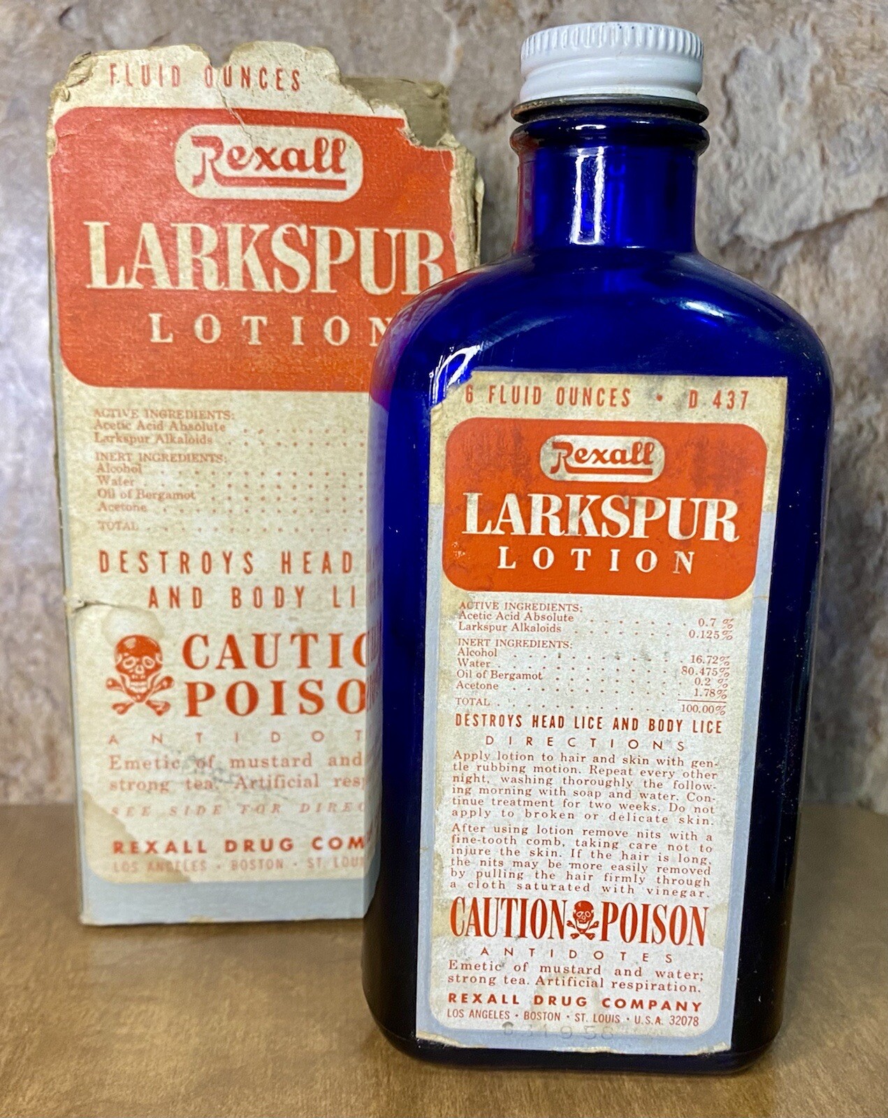 Vintage Rexall Drug Co Larkspur Lotion w/ Box POISON Hazel Atlas Blue Bottle