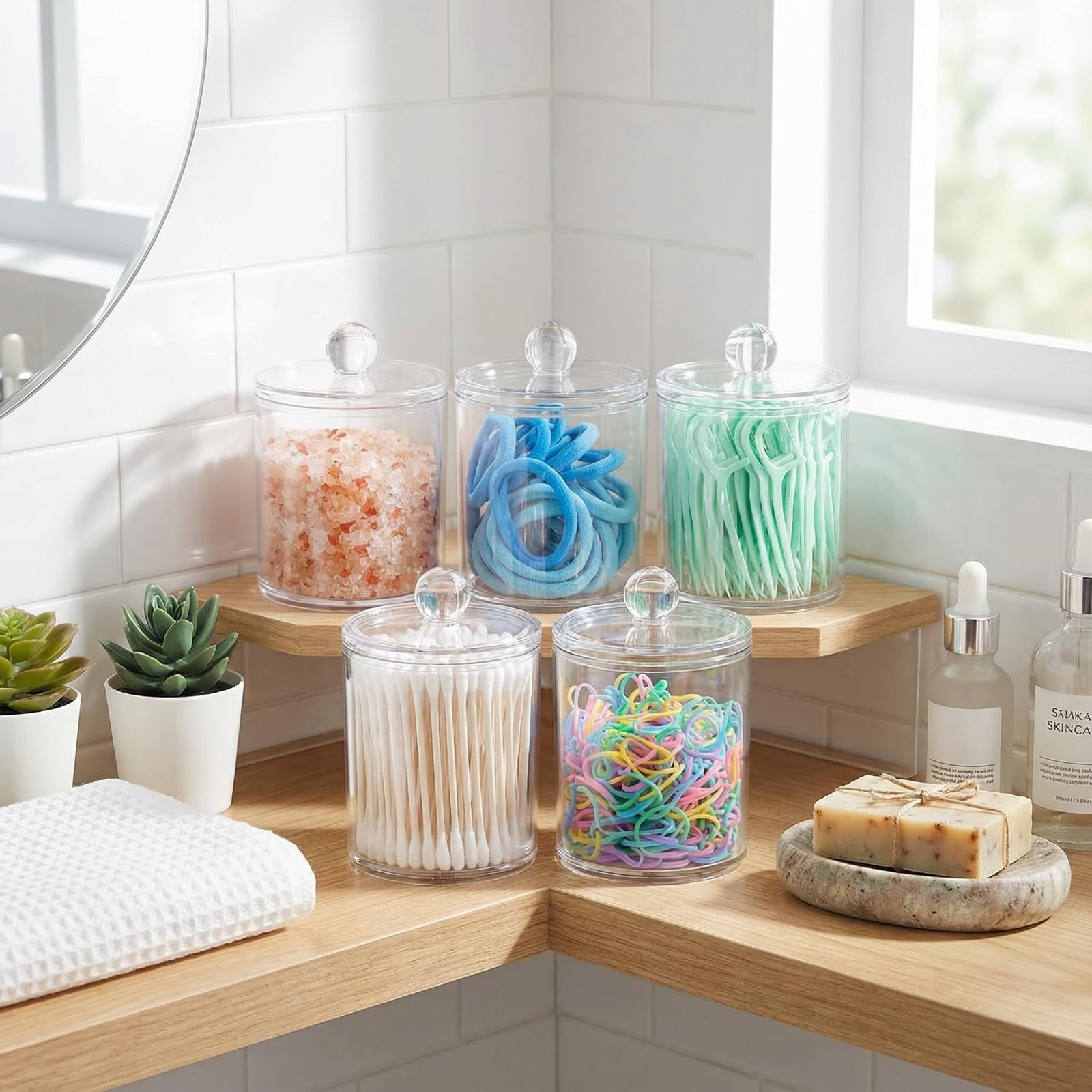 SheeChung 12 Pack Qtip Holder, Clear Acrylic Apothecary Jars with Labels- Sha…