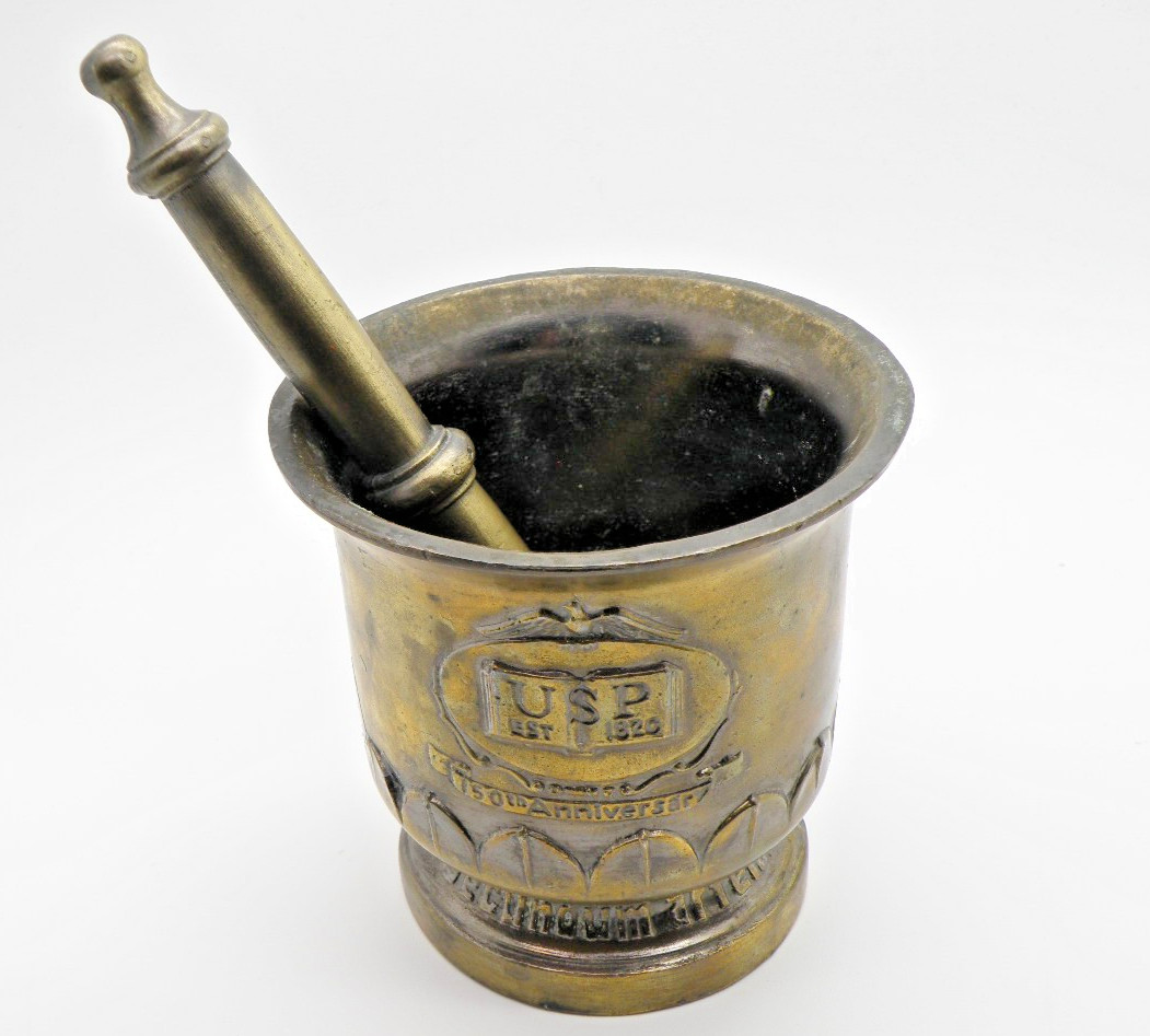 Vtg Brass Mortar & Pestle USP Rx Est 1820 150th Anniversary Schering Pharmacopia