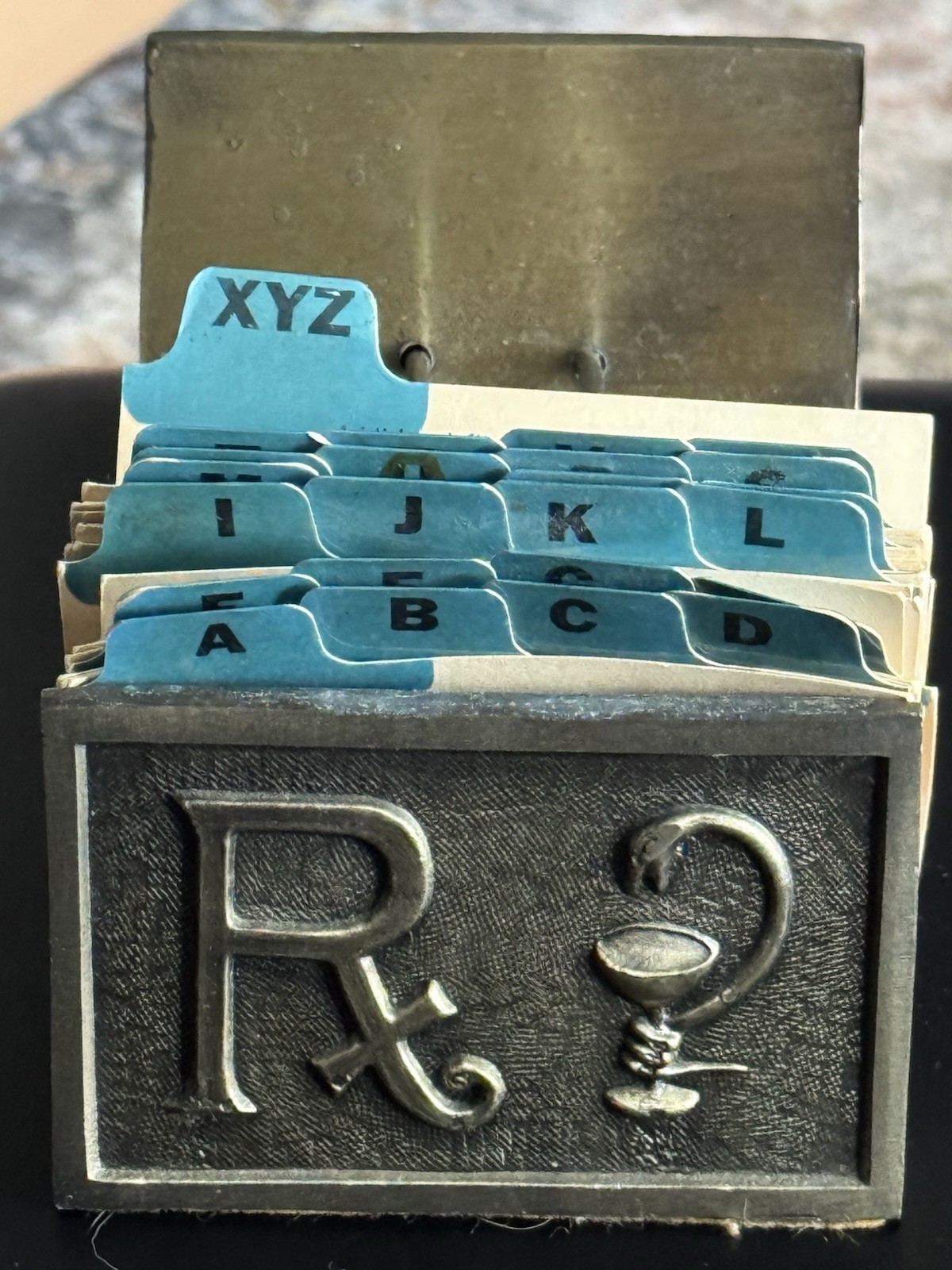 Vintage RX Pharmacy Rolodex Card File Cast Brass Desktop Apothecary Oddity