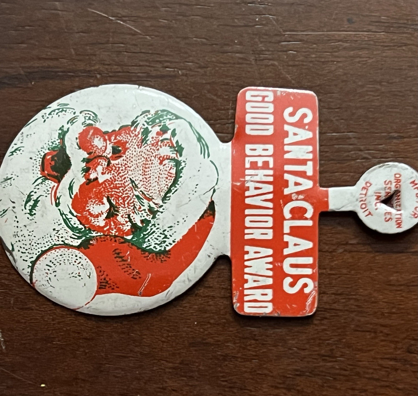 Santa Claus Good Behavior Award, fold tab Button, smiling Santa 2.25 in