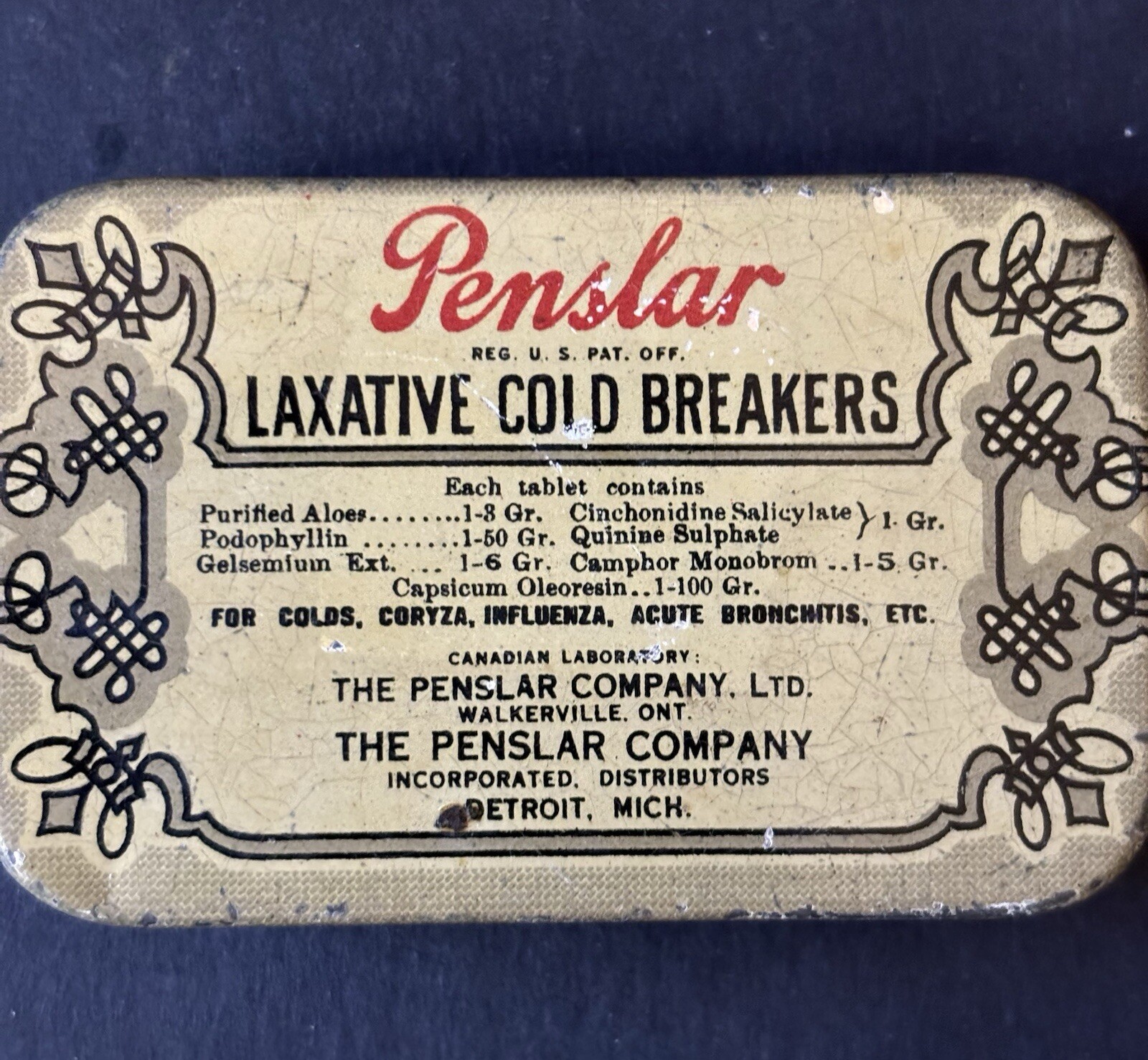 2 Vintage Penslar Company Laxative Cold Breakers Tins 2.5” x 1 5/8” Medical