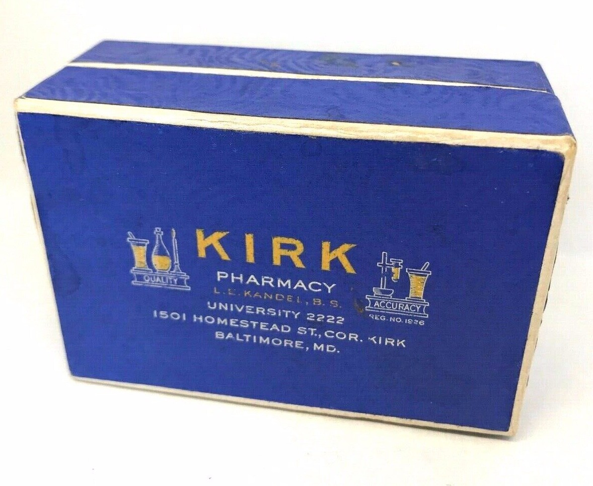 Vintage Kirk Pharmacy Prescription Pill Box, 1940s Baltimore, Maryland