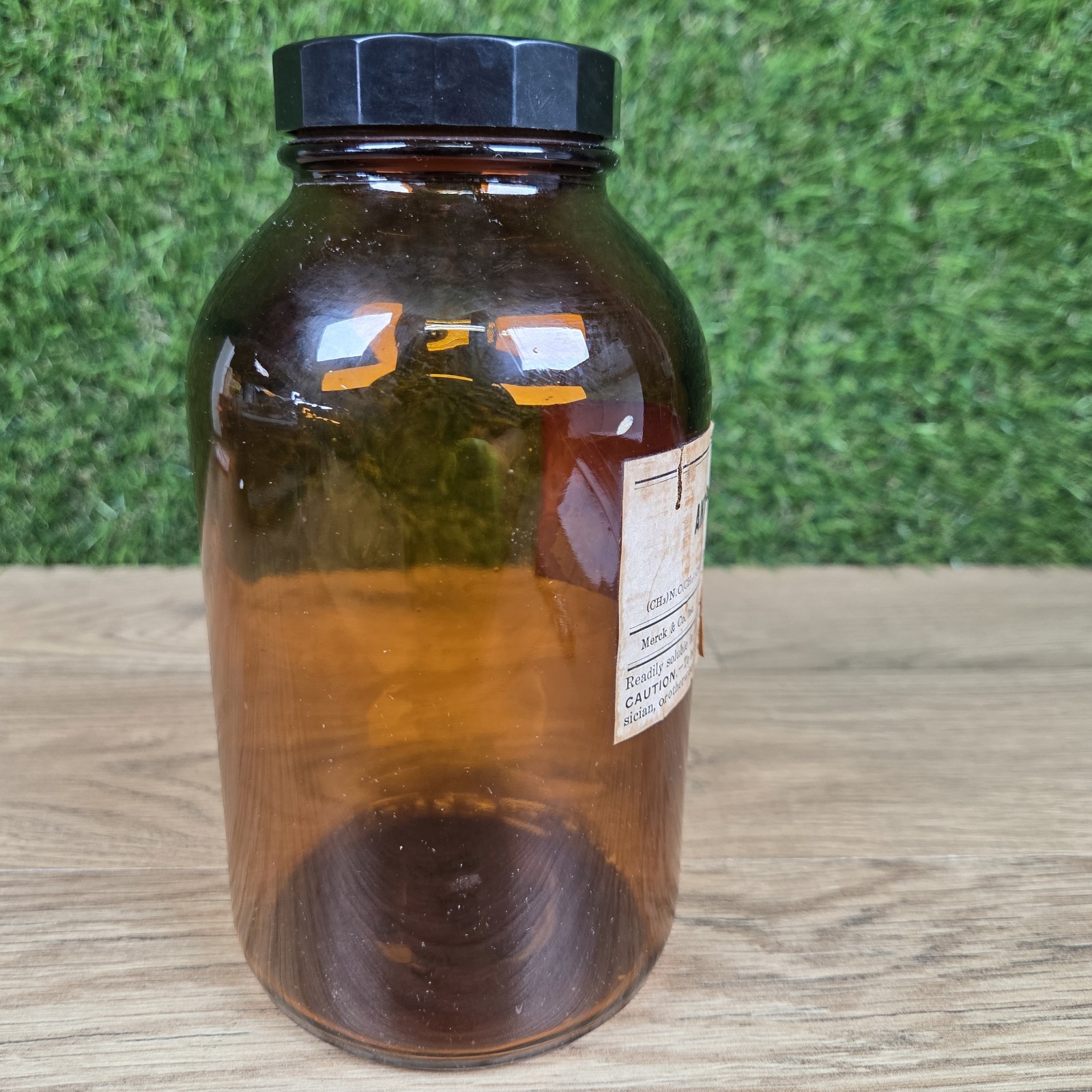 Vtg EMPTY Merck Antipyrine Apothecary Amber Glass 1 lb Pharmacy Medicine Jar