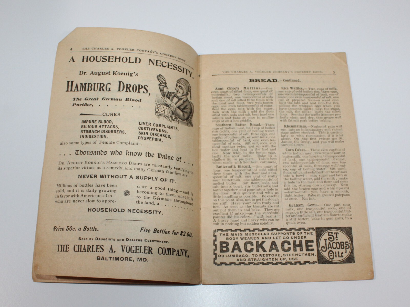 Vintage 1897 Medical Cure Pharmacy Chas. A. Vogeler Co. St. Jacobs Oil Cookbook