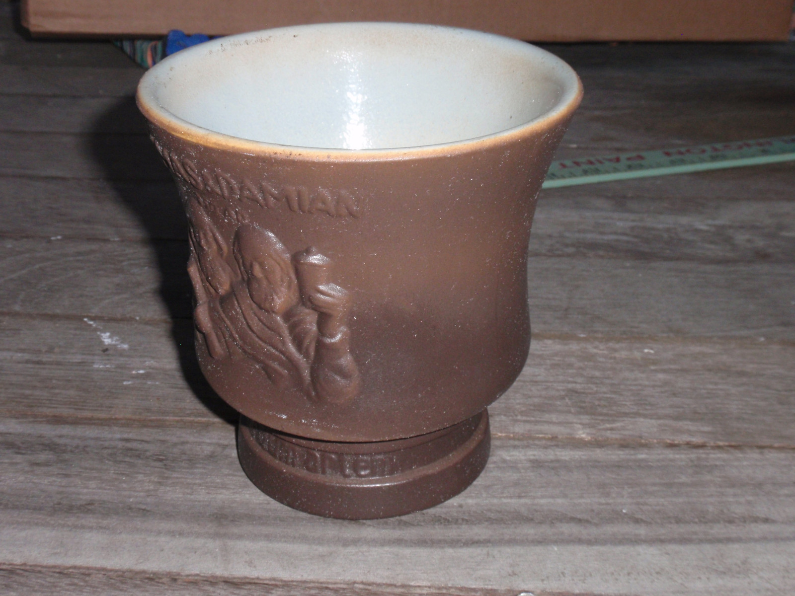 VINTAGE STONE/CERAMIC MORTAR COSMAS & DAMIAN PHARMACY 5 IN. TALL