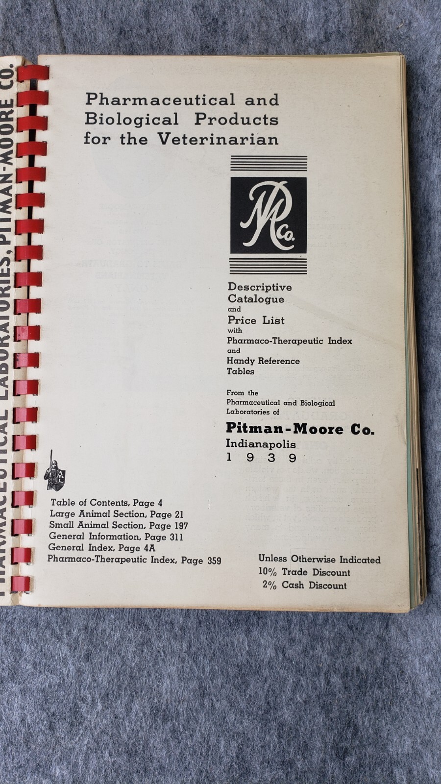 Veterinarian Products 1939 Price List Pitman-Moore Co Pharmaceuticals Indy