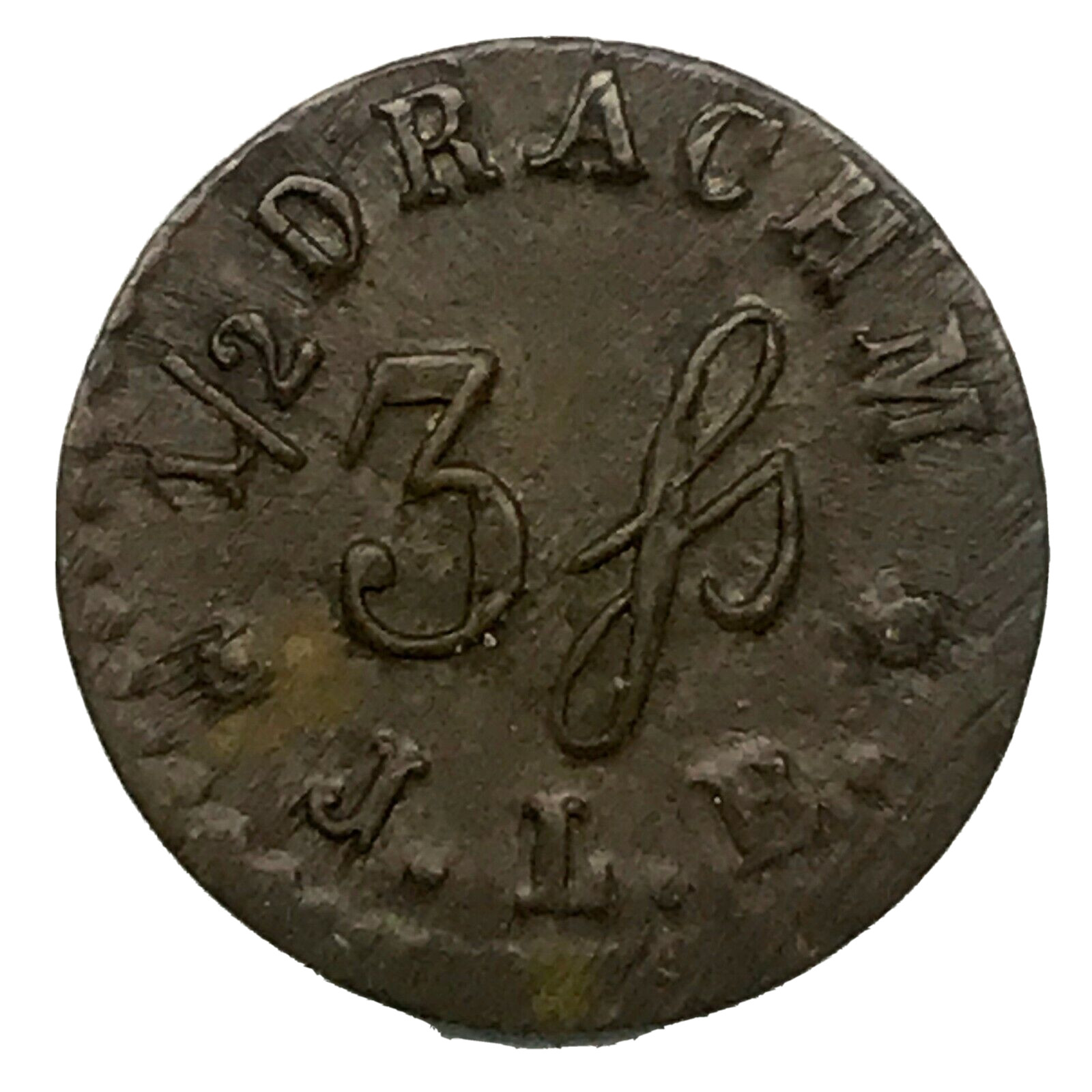 Rare: 1/2 Drachm Apothecary Weight Token, J. L. B. 3J