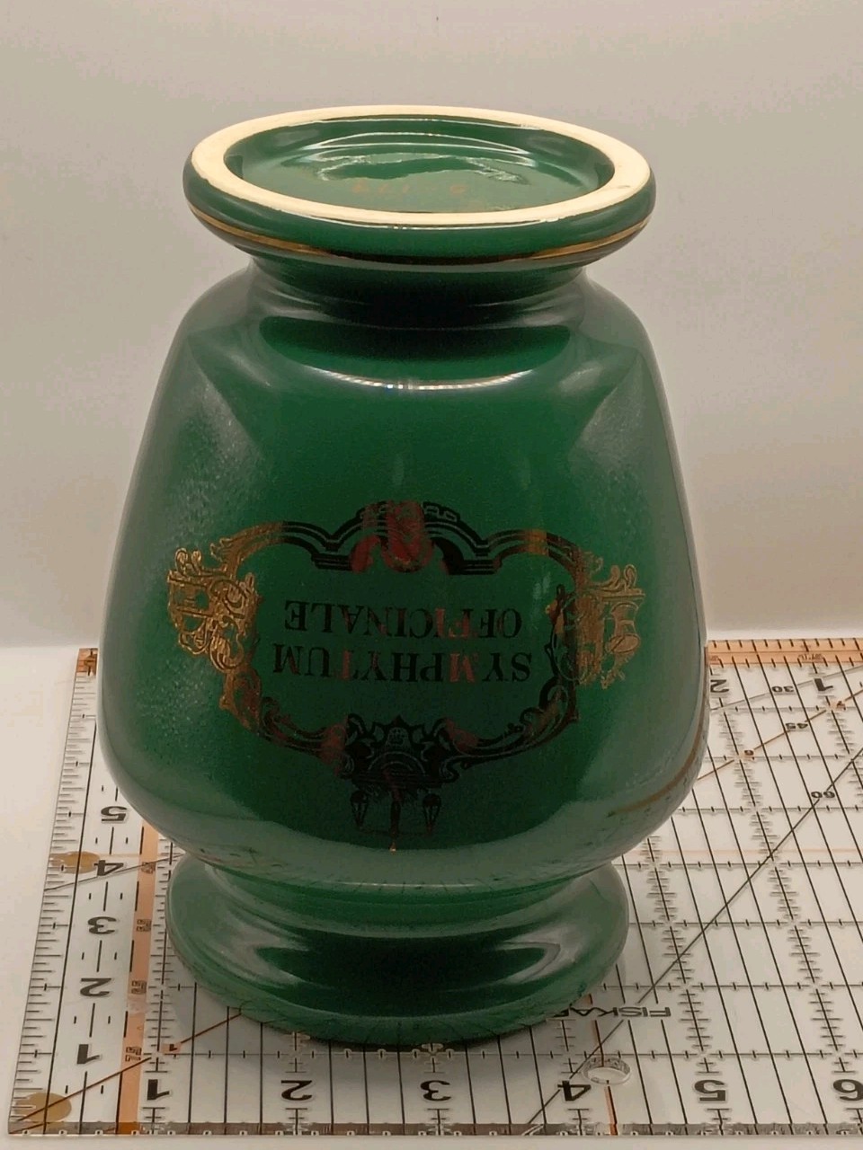 VTG Eli Lilly Ceramic Green Gold Trim Apothecary Jar-Symphytum Officinale #5-179
