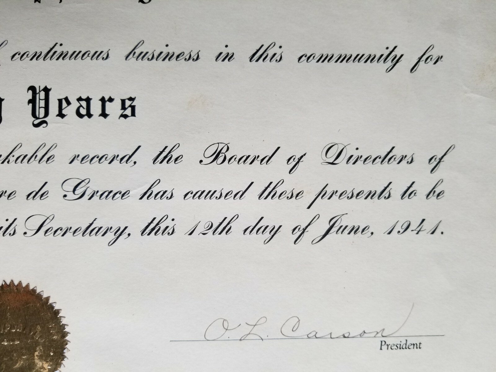 1941 GREEN’S PHARMACY Havre De Grace Maryland Chamber of Commerce 50 Year Award