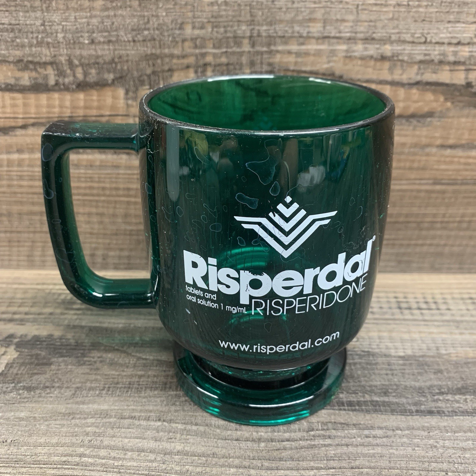 Risperdal Risperidone Drug Rep Hard Plastic Mug Green Coffee Cup VINTAGE