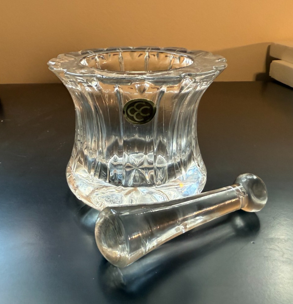 Vintage Crystal Glass Mortar & Pestle / Pill Crusher / Small Bowl – Heavy