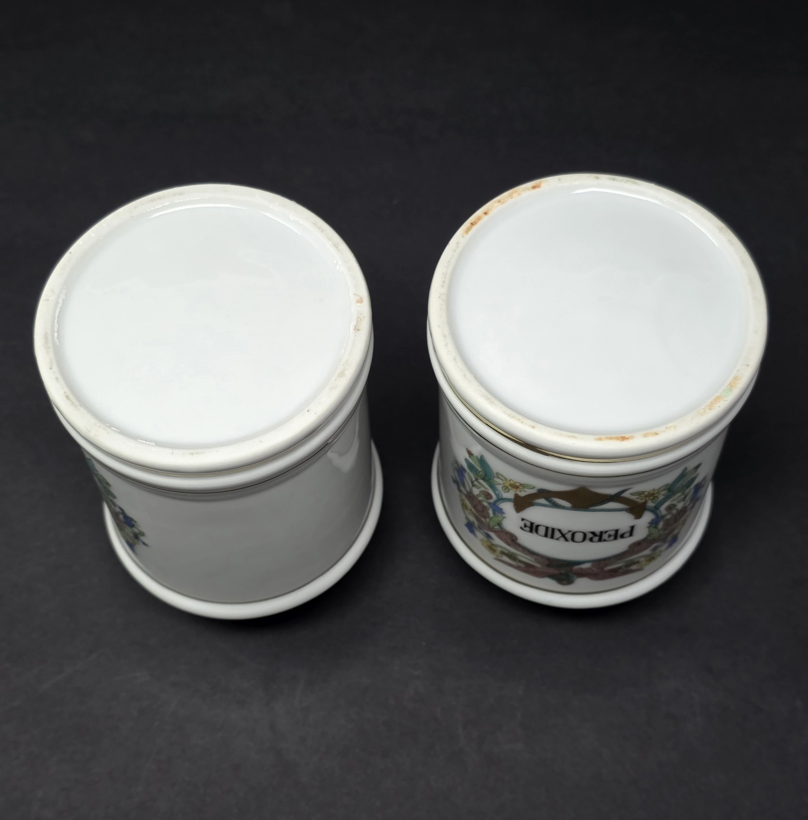 Vintage Porcelain Apothecary Medicine Jar Set Salts Cologne Gauze Perioxide